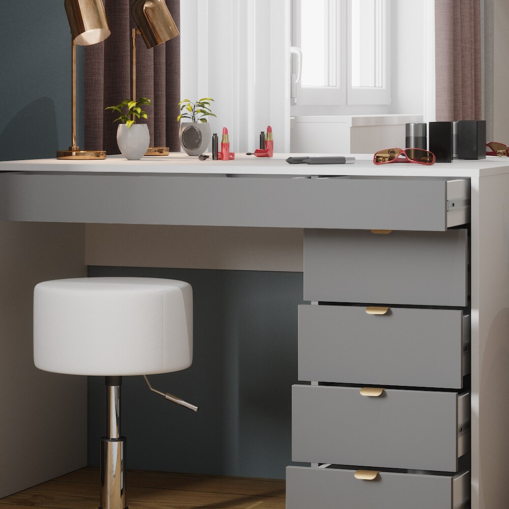 Vicco Schminktisch Elise Weiß Grau 115 x 76 cm modern Frisiertisch Schubladen Spiegel Hocker