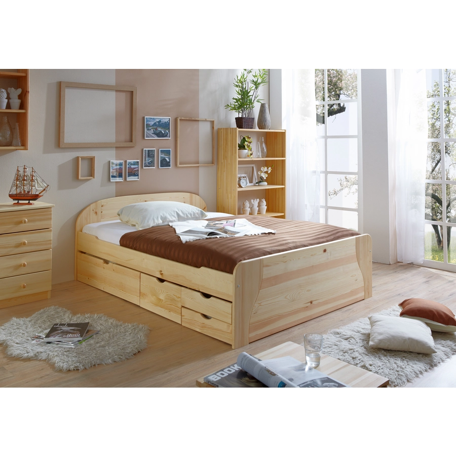 TICAA Doppelbett mit Schubkästen Erna Kiefer Natur Natur