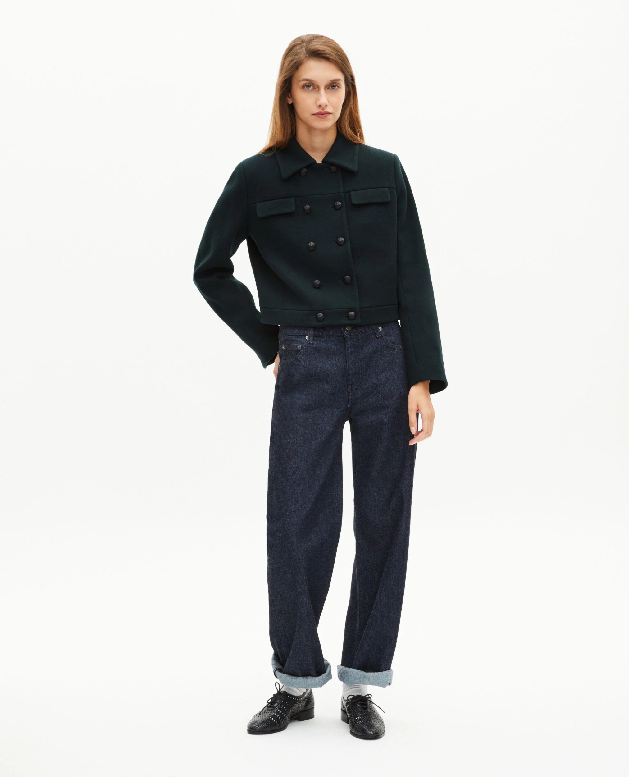 Blouson court en laine vert foncé