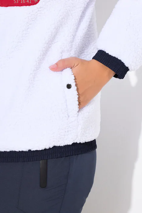 Teddyfleece-Jacke, Patches, Stehkragen, 2-Wege-Zipper, schneeweiß
