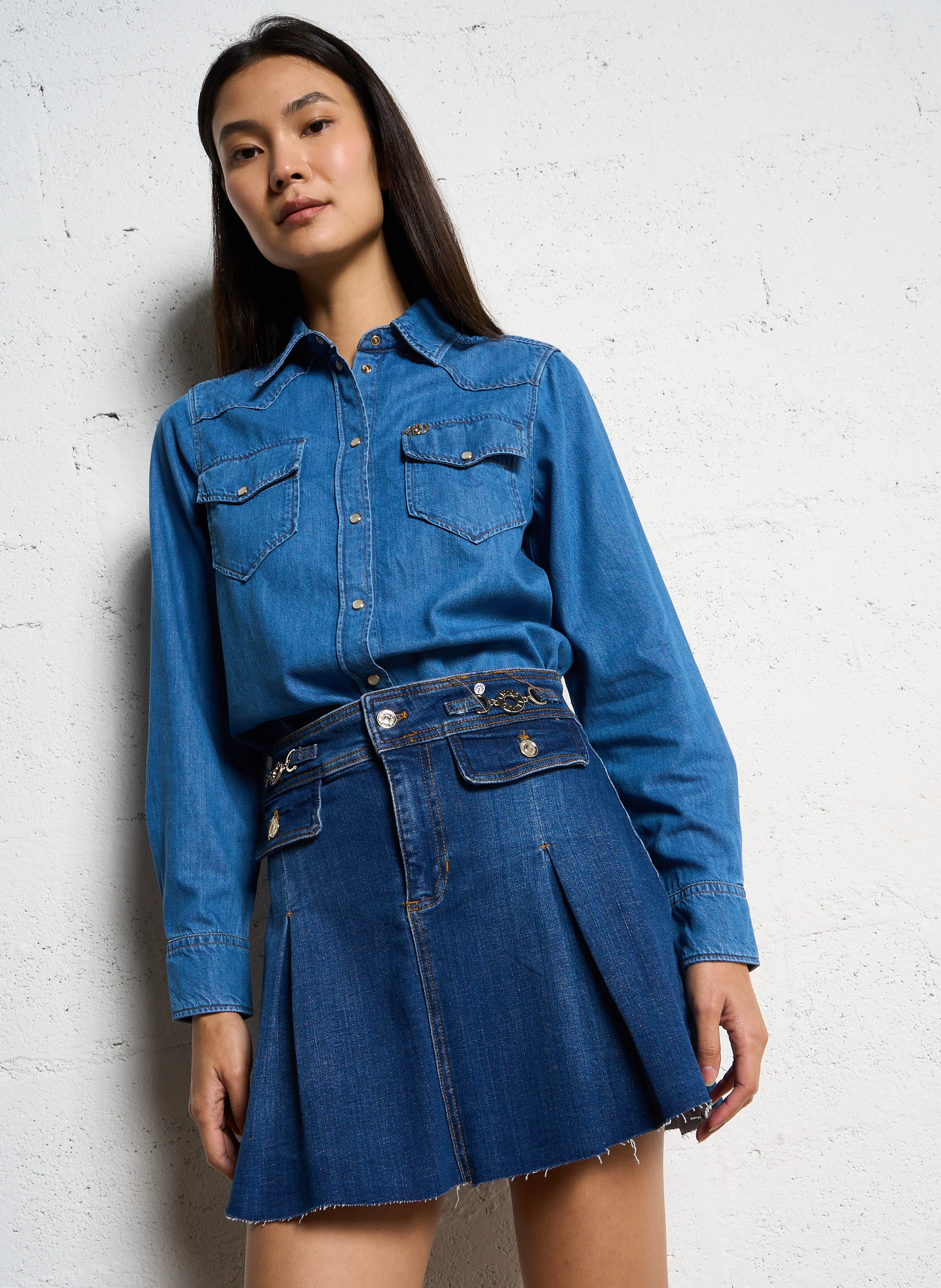Chemise droite en coton mélangé | Bleu