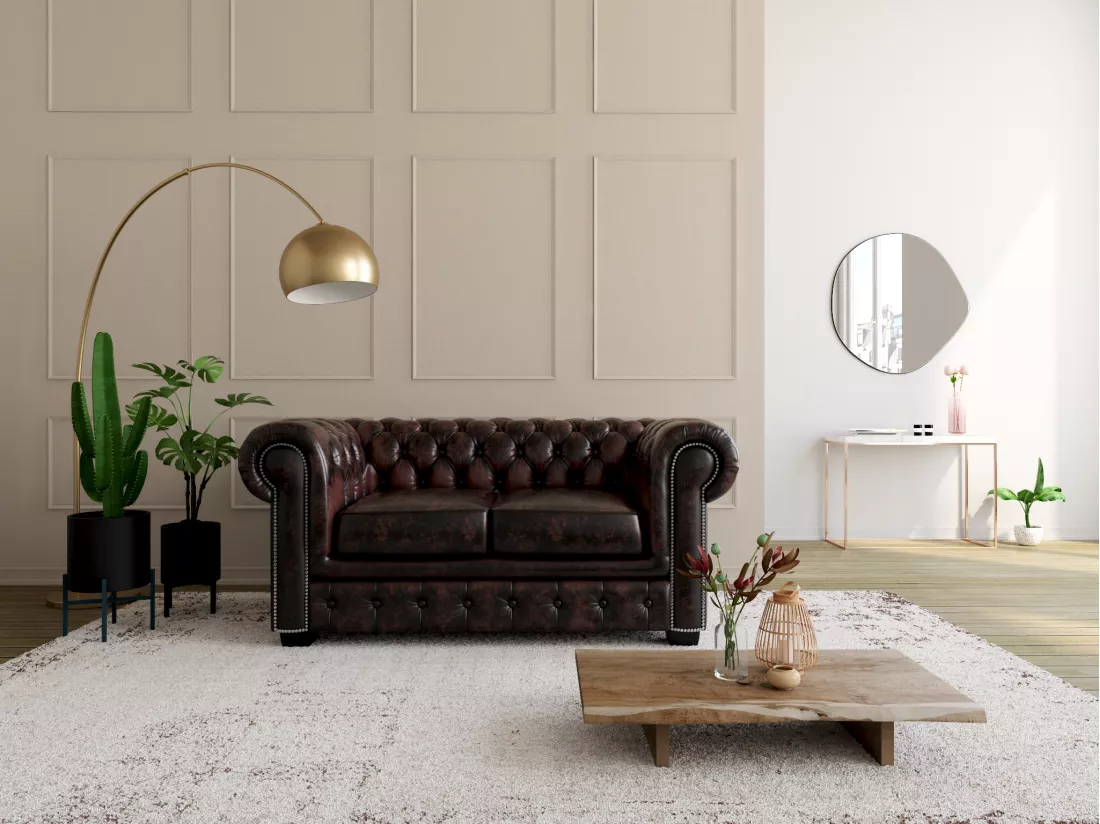 Canapé chesterfield 2 places BRENTON 100% cuir de buffle - Marron reflets châtains