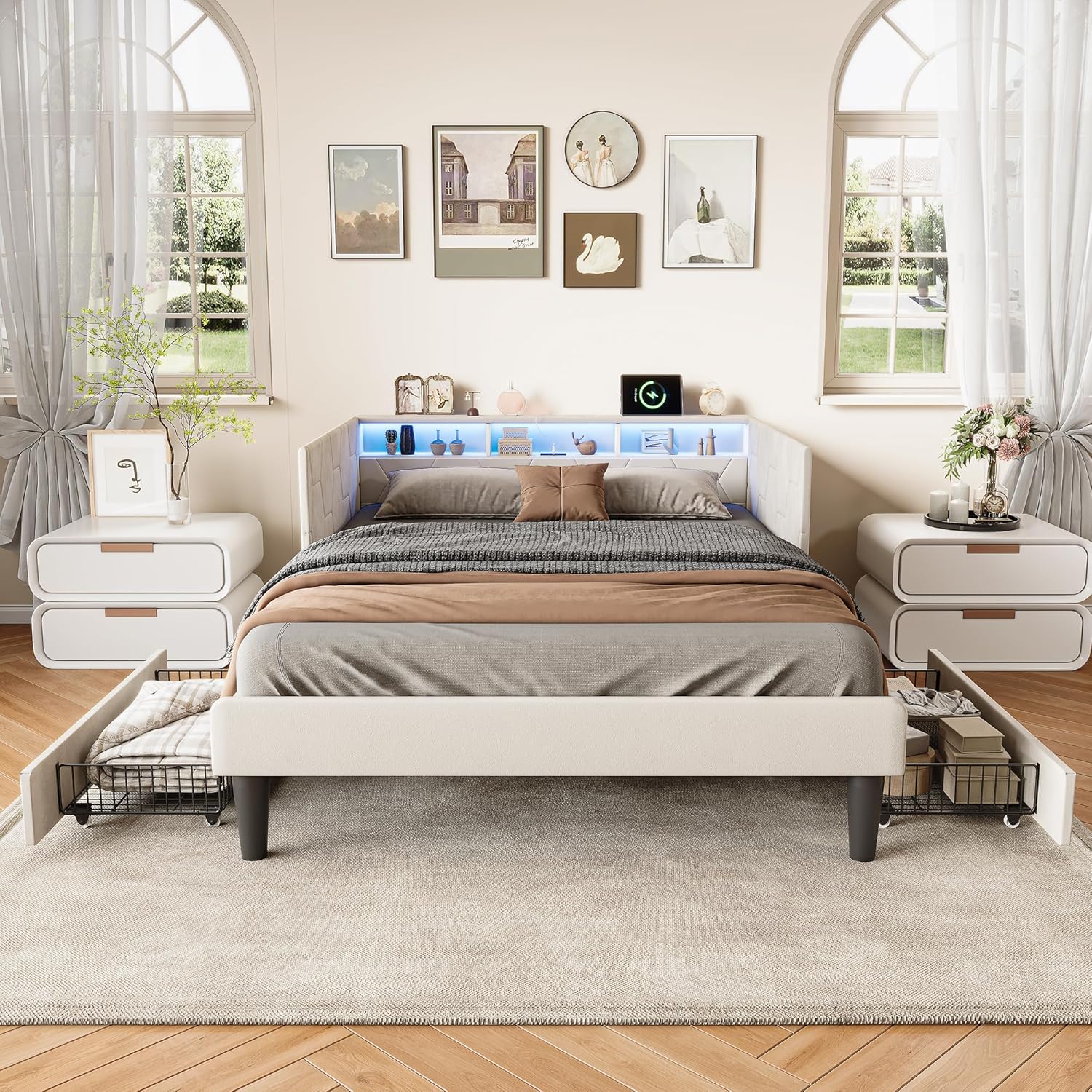 Polsterbett 140x200,doppelbett mit Lattenrost,Verformbares Funktionsbett mit Stauraum Kopfteil,Bettgestell 140x200,tagesbett mit 2 Schubladen,ohne Matratze (Beige, 140x200cm)