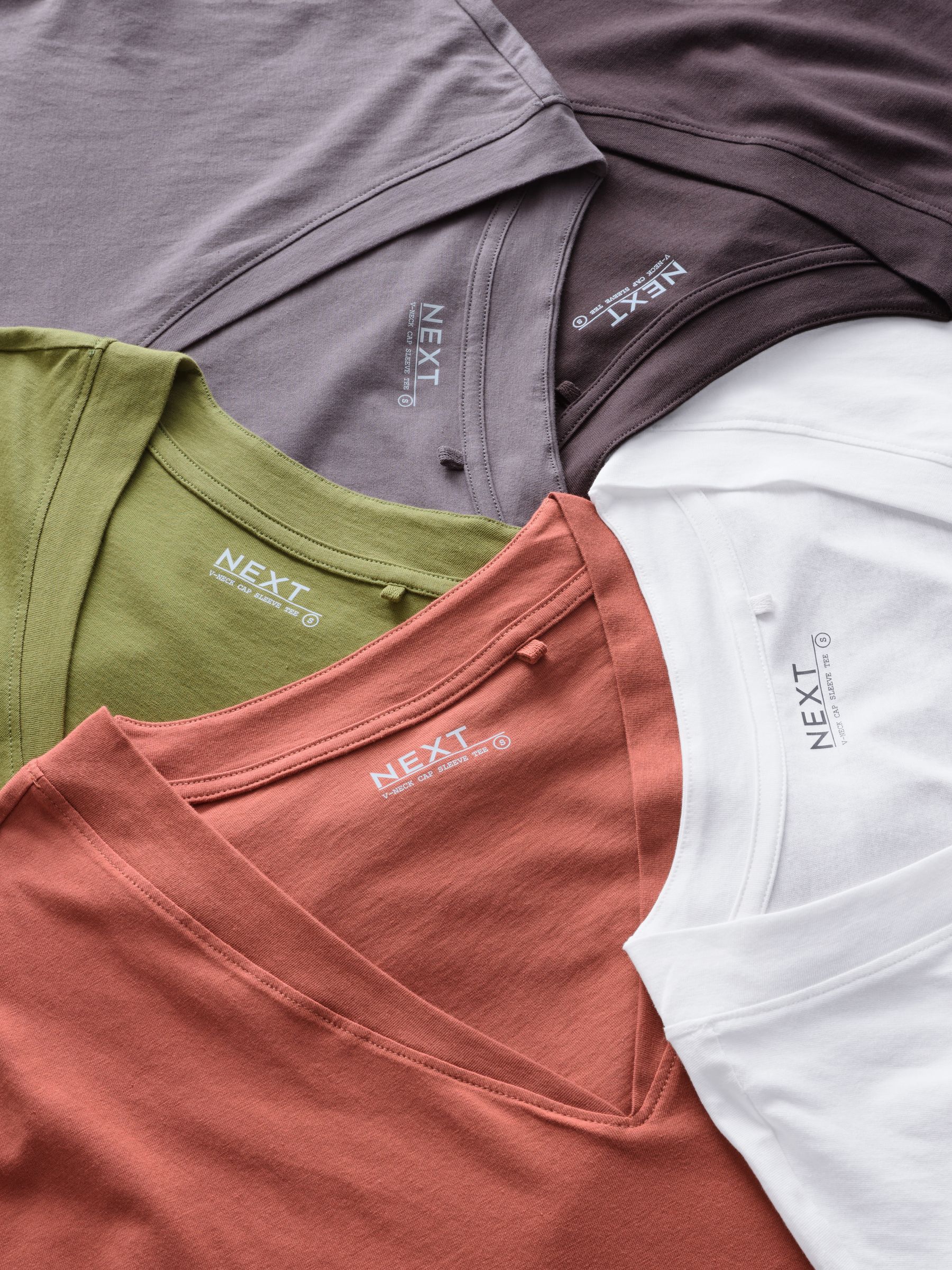 Wit/grijs/khaki/roest/bruin - Set van 5 T-shirts met V-hals en kapmouwen van 100% katoen