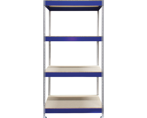 Robuuste industriële stellingkast, blauw/grijs gepoedercoat, 196x100x60 cm, 4 gedeelde houten legborden met metalen steunen en verstelbare metalen voeten, draagvermogen 1000 kg