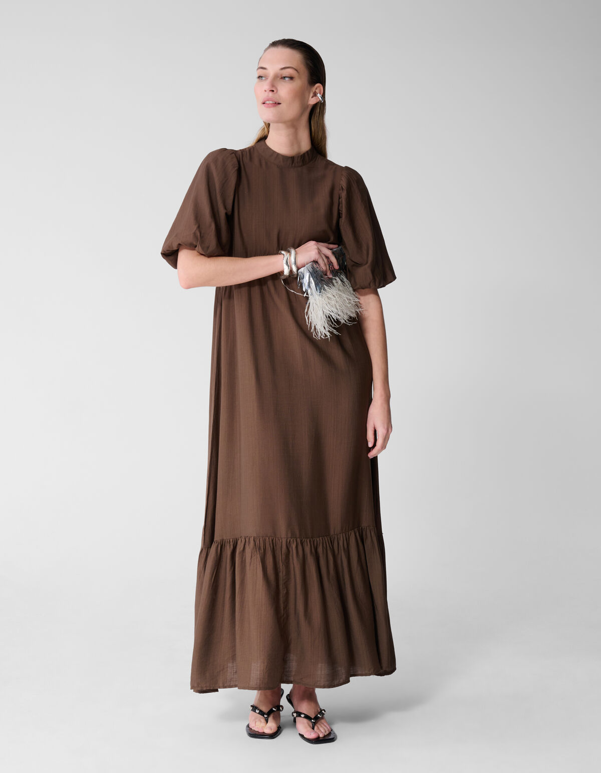 Ruffle Maxi Jurk Bruin
