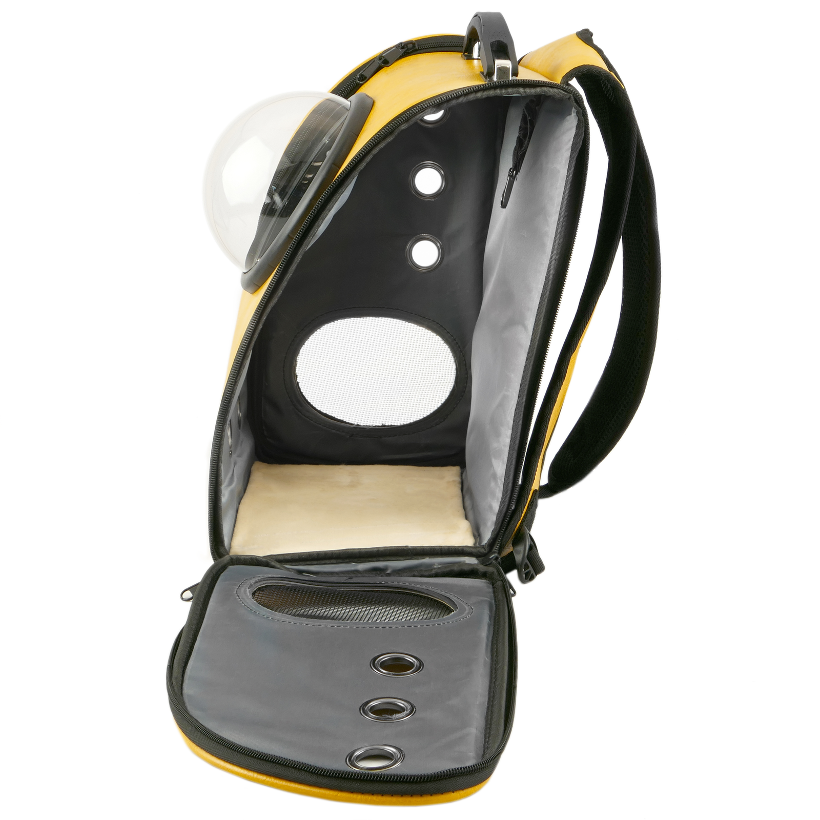 Mochila transportadora para animais de estimação, para cães e gatos, em couro sintético, amarela.