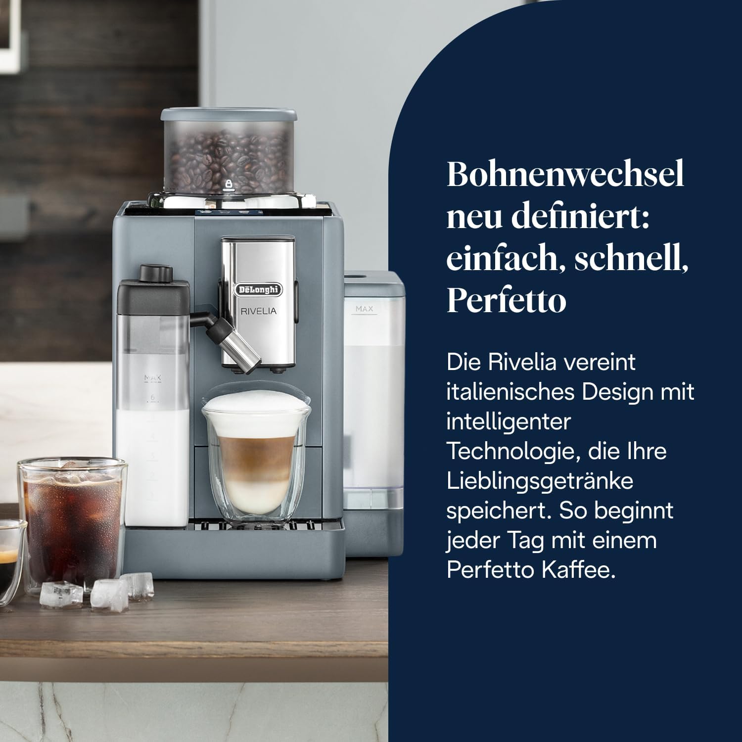 De'Longhi Rivelia - Perfetto Kaffeevollautomat mit LatteCrema-Milchaufschäumer, 16 One-Touch-Getränke, farbiges Touch-Display, austauschbare Bohnenbehälter, Grau (EXAM440.55.G)