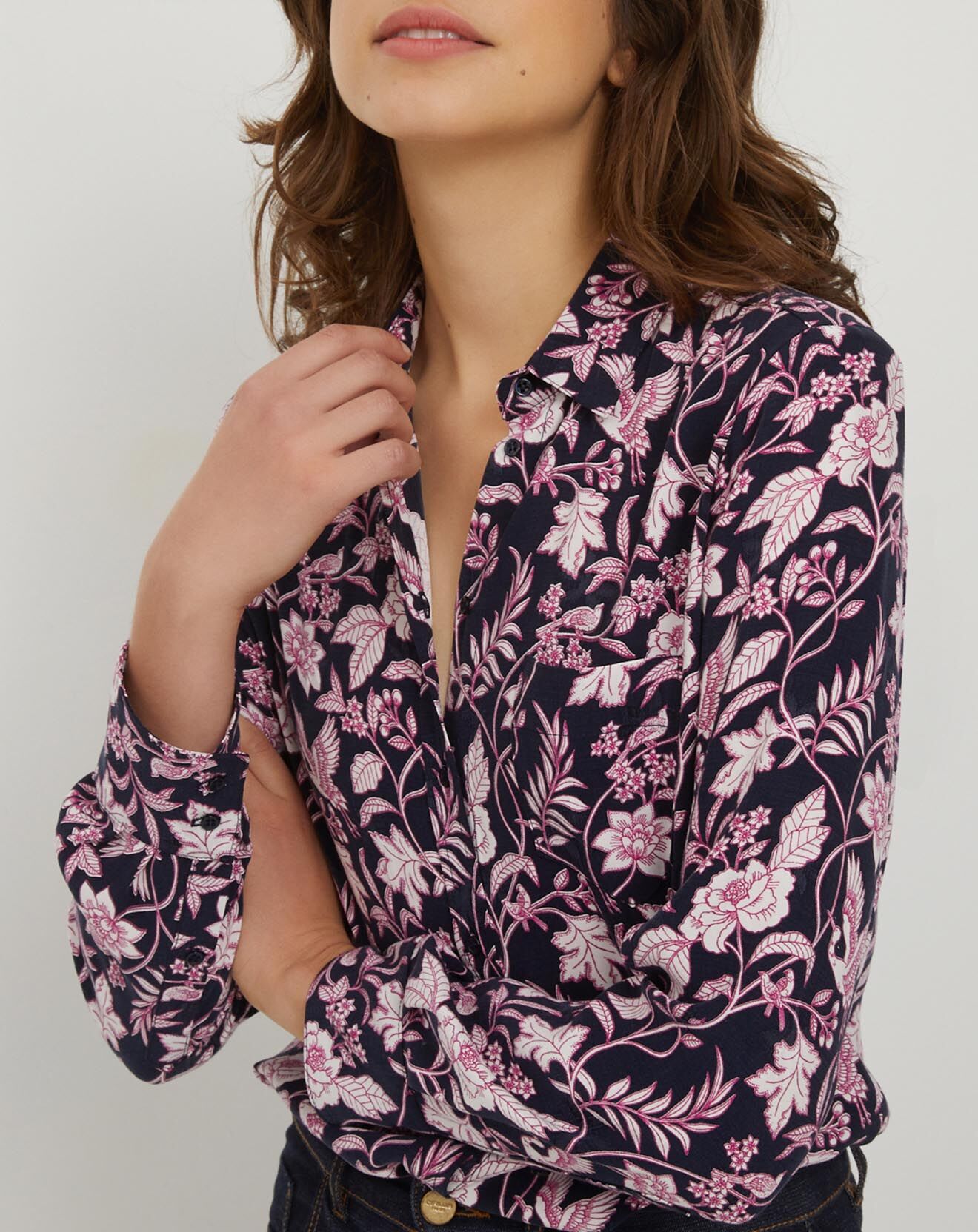 Cyrillus Chemise imprimée Tapisserie bleu foncé/rose