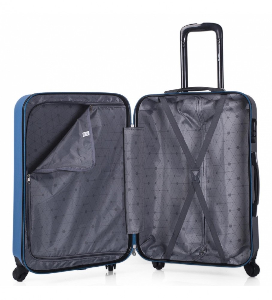 Mala de viagem rígida ITACA com 4 rodas, tamanho médio, modelo 71160, nas cores azul e antracite - 65 x 44 x 24 cm -