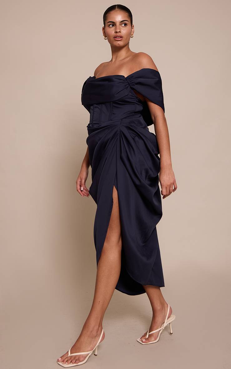 Bleu Marine Robe Midi Drapée Grande Taille À Corset Bardot
