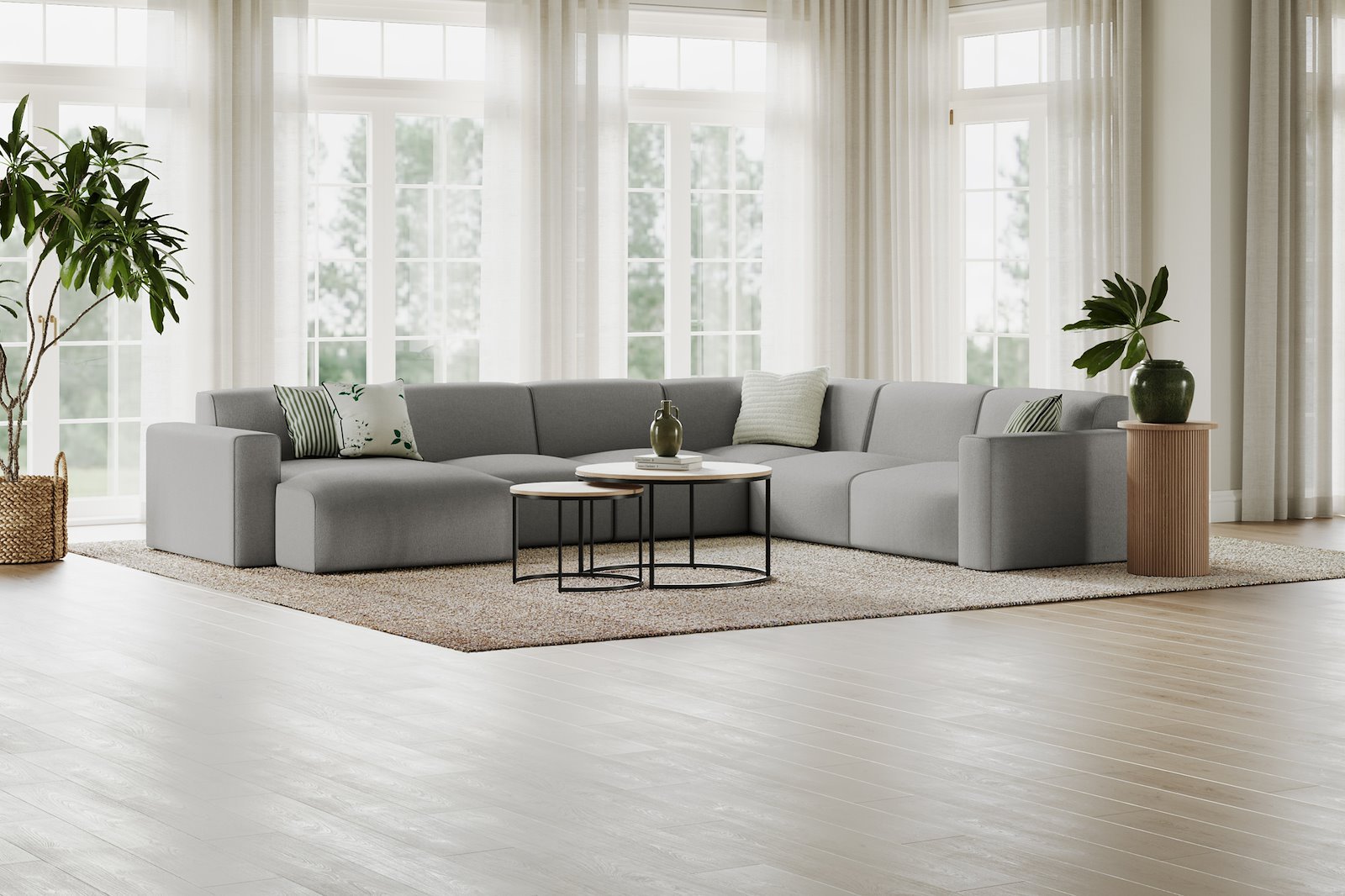 Styl U-sofa Sjeselong venstre, 2-seter og 2-seter høyre. Tekstil Neve 3 Grey med sorte ben.