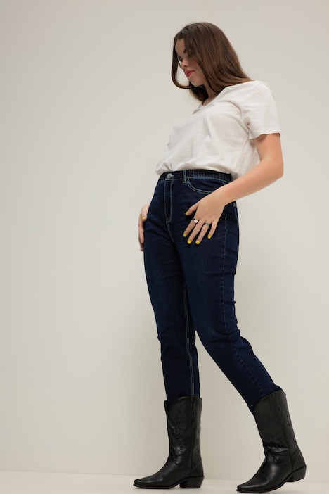 Mom-Jeans, Color-Nähte, 5-Pocket, Elastikbund, Zippfly