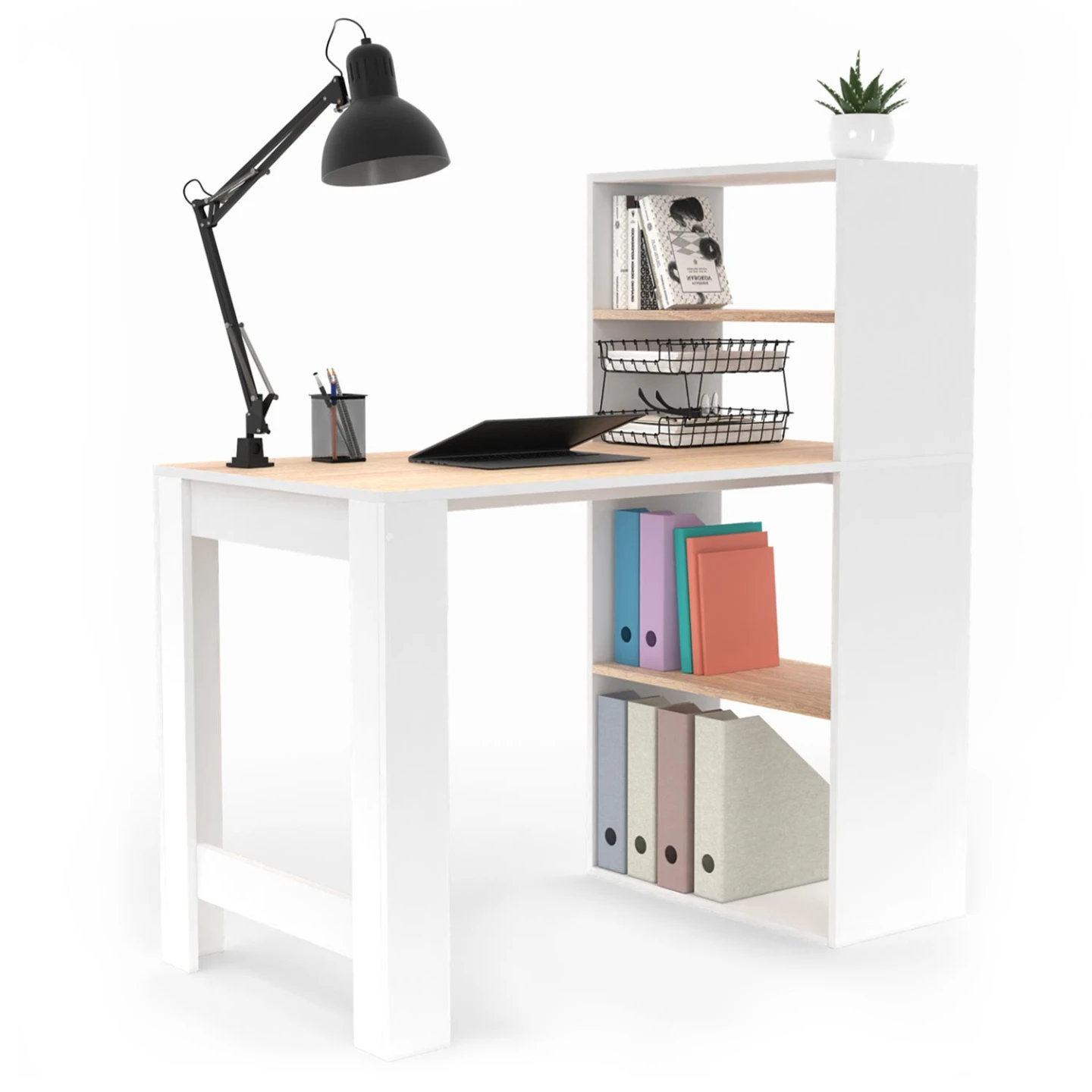Bureau bibliothèque BEN avec étagères blanc et façon hêtre
