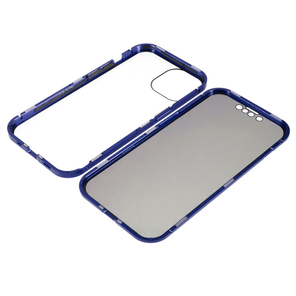 iPhone 14 Magnetische Alu Schutzhülle mit Panzer Glas Backcover   Privacy Glas Displayschutz (Magnet-Technologie) - Dunkelblau