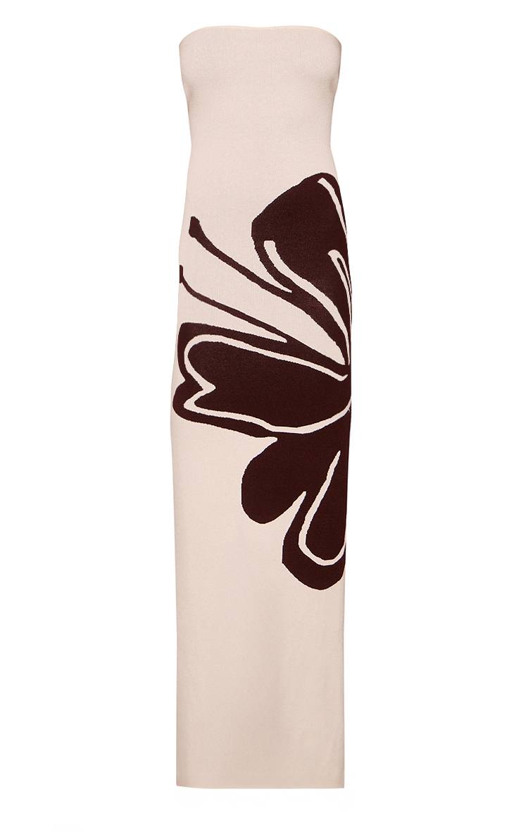 Crème Robe Maxi Moulante En Maille Compacte À Imprimé Floral Contrasté