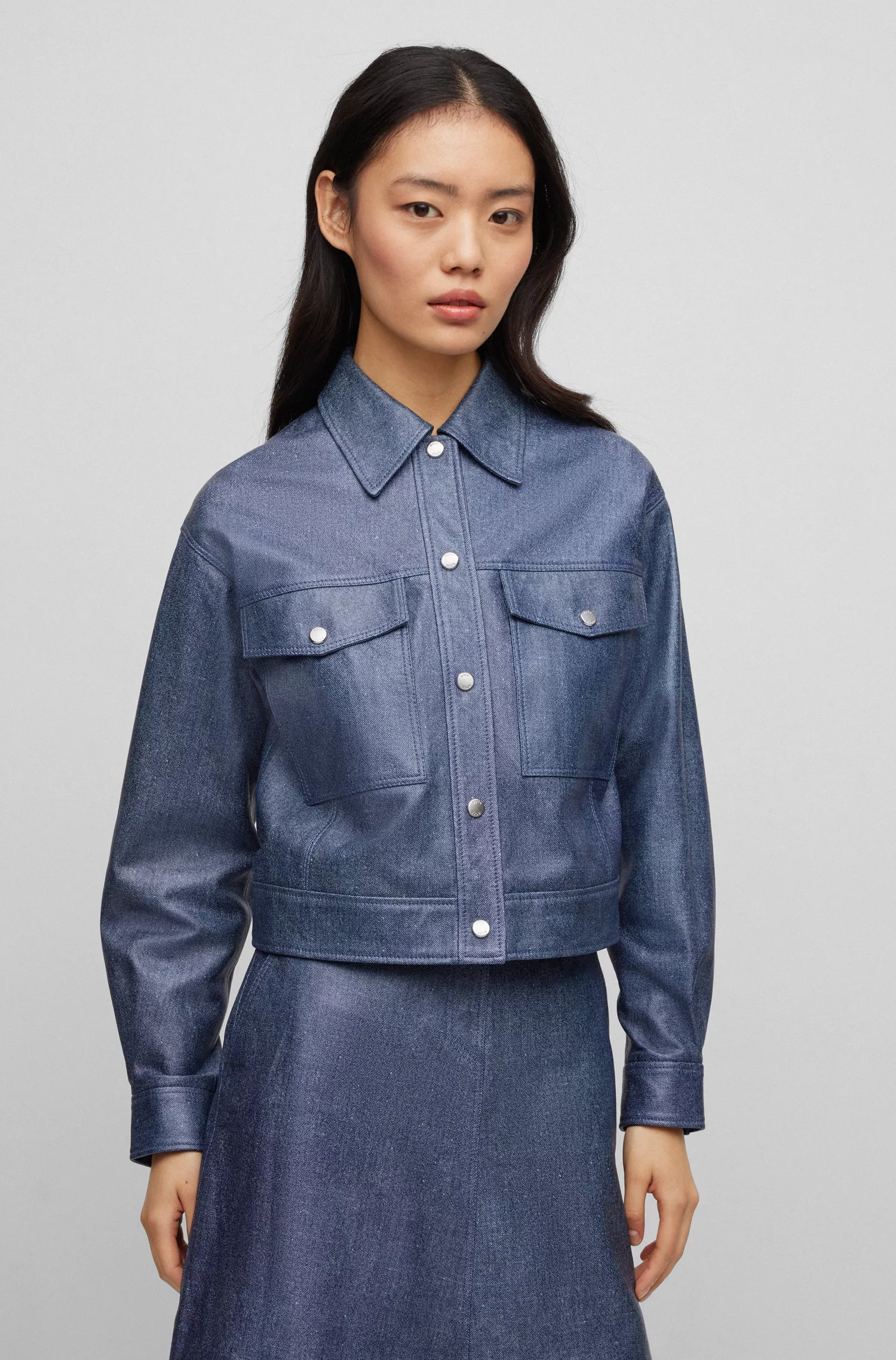 Jaqueta BOSS de couro preto com estampa jeans