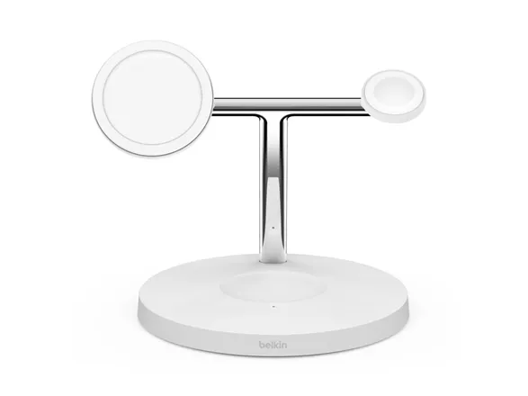 Belkin BoostCharge Pro - Trådløs opladningsstander - med MagSafe   AC-strømadapter - 15 Watt - Fast Charge - hvid - for Apple AirPods; AirPods Pro; iPhone 12, 13; Watch Series 4, Series 5, Series 6, Series 7