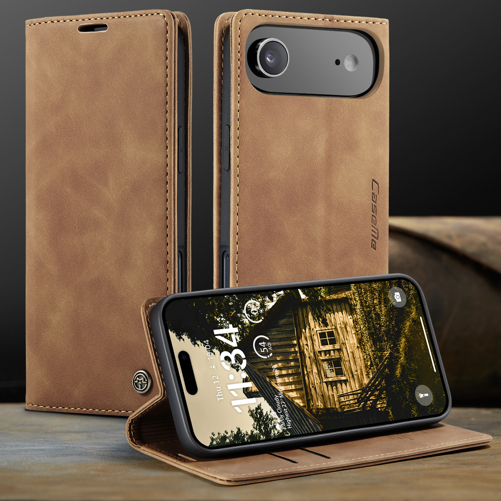 iPhone Air Leder Tasche Flip Wallet Etui mit Kartenfächern - Hellbraun