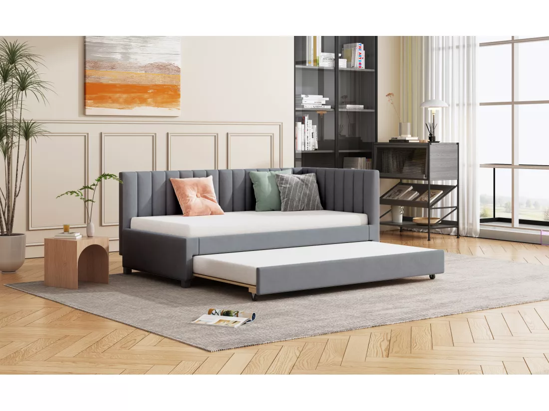 Lit Rembourré 90x200cm,canapé-lit Extensible, Lit Multifonction Avec Sommier à Lattes, Velours Gris