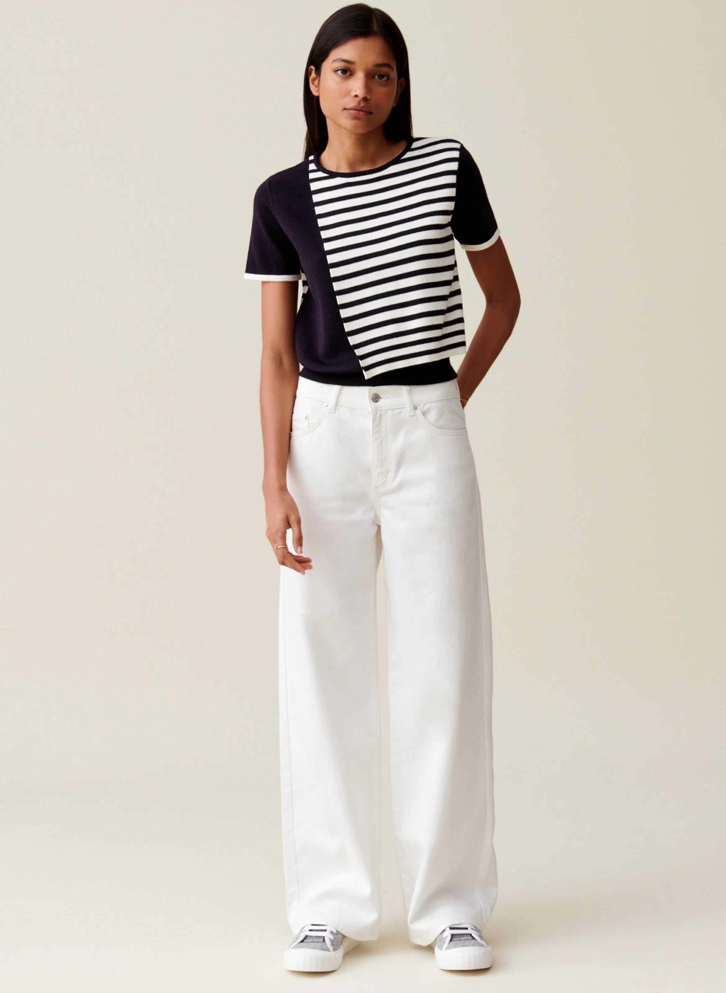 Pull manches courtes rayée en laine mélangée | Multicolore
