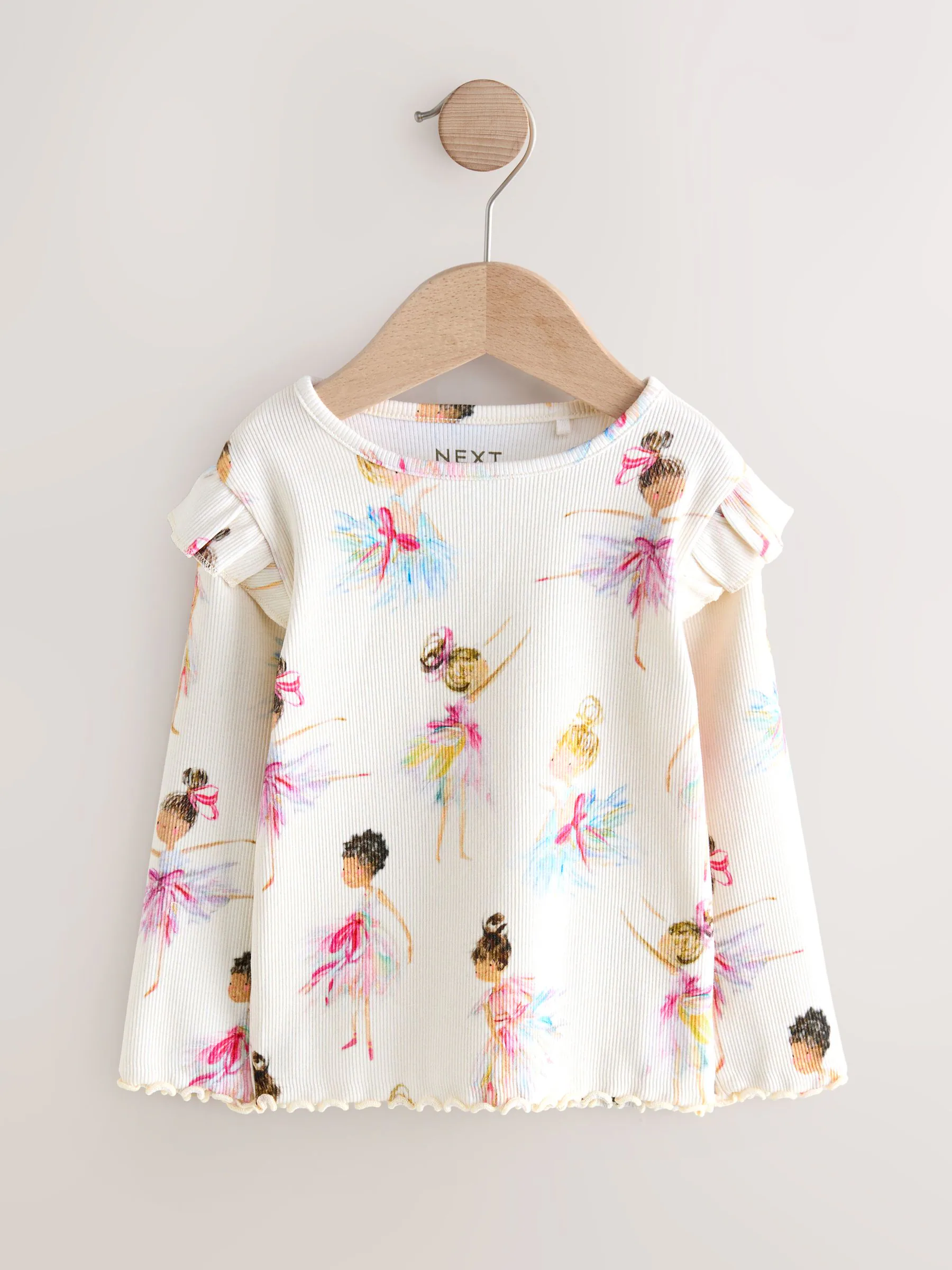 Ecru - Geribbeld T-shirt met ruches en lange mouwen (3mnd-7jr)