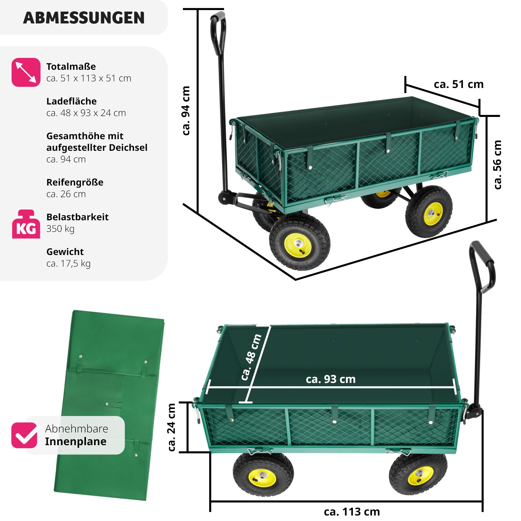 tectake® Bollerwagen, mit klappbaren Seitenwänden, leichtgängige Lenkachse mit gepolstertem Griff, Belastbarkeit 350 kg