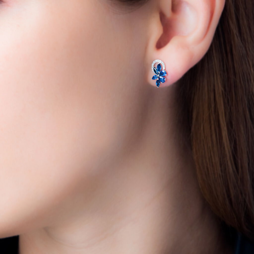 Boucles D'oreilles Puces Bouquet Or Blanc Saphir Et Diamant