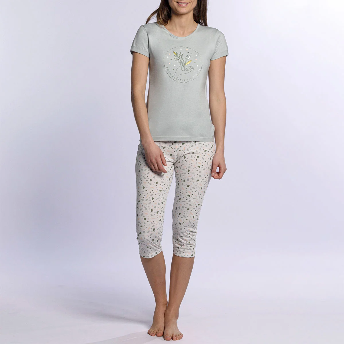 Pyjama court femme TERRE vert clair/imprimé