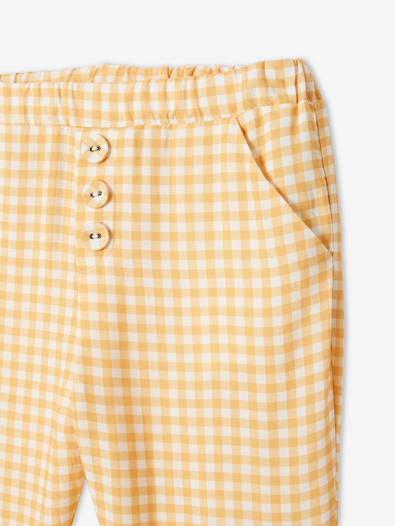 Calças curtas fluidas e estampadas para meninas, xadrez amarelo claro.