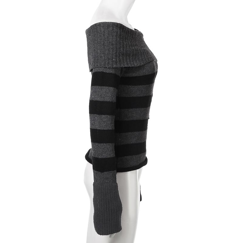 Trisica - Gestreepte trui met vetersluiting en off-shouldermotief