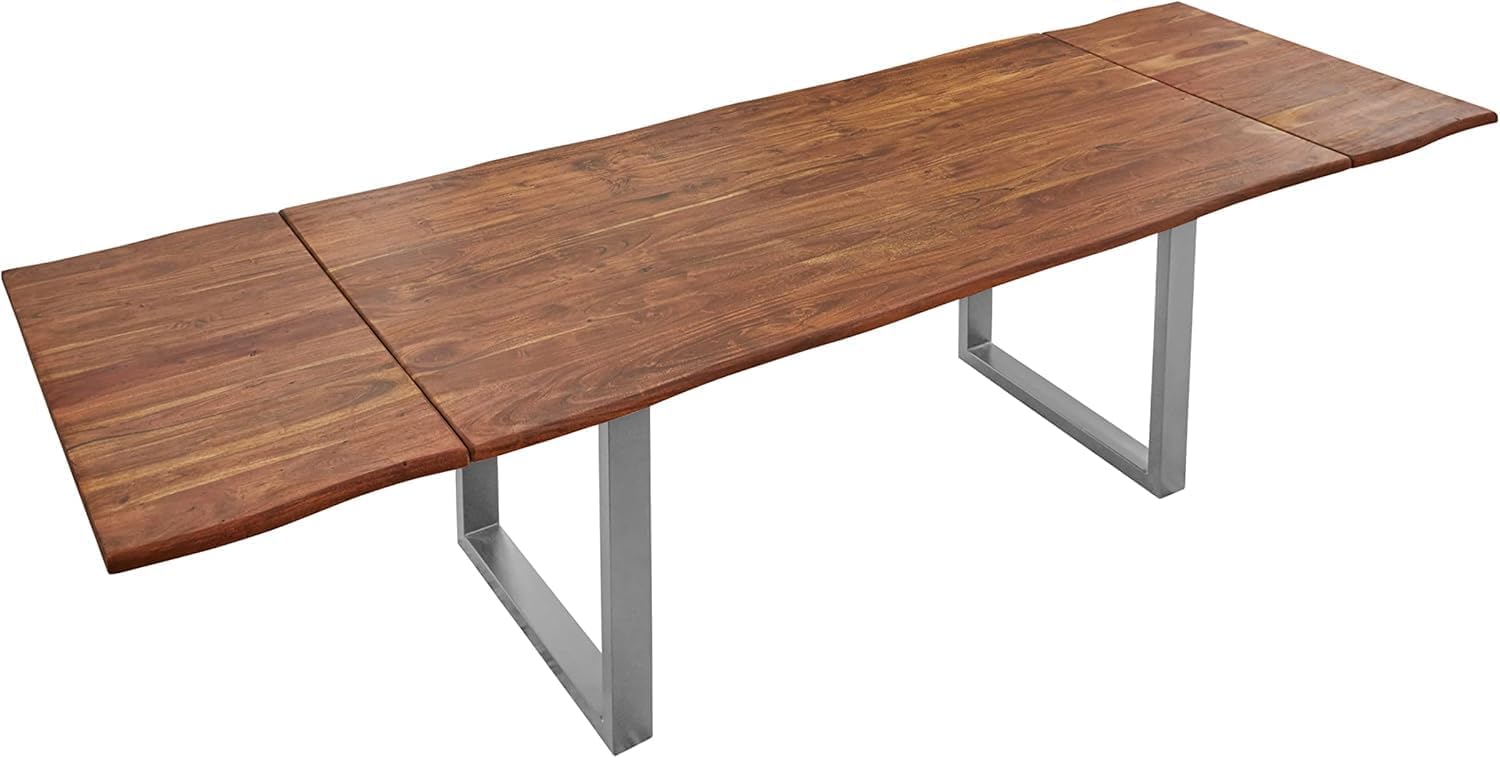 SAM Baumkantentisch 120 (200) x 90 cm Norina, Akazienholz massiv & nougatfarben lackiert, Esszimmertisch inkl. 2 Ansteckplatten, echte Baumkante, Esstisch mit U-Metallgestell in Silber