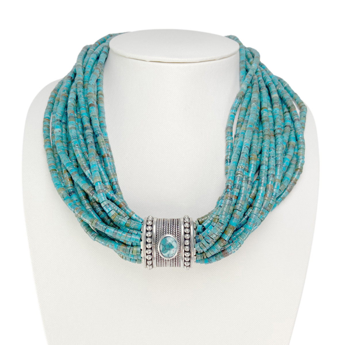 Collier d'occasion multirangs argent 925 pierres imitation turquoises 50 cm