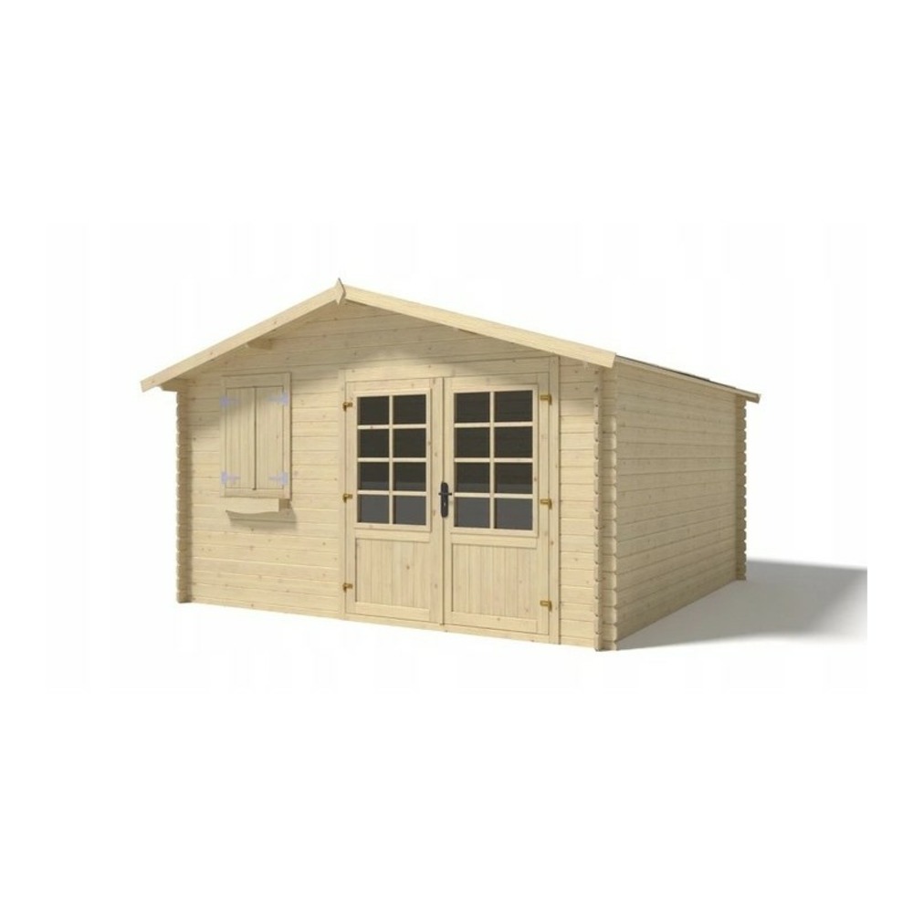 Abri de jardin en bois - 4x4 m - 28 m2 + terrasse avec balustrade et avant-toit en bois