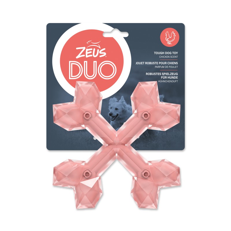 Brinquedo para mastigar Zeus Duo Cross Bone para cães, 15 cm, coral, aroma de frango