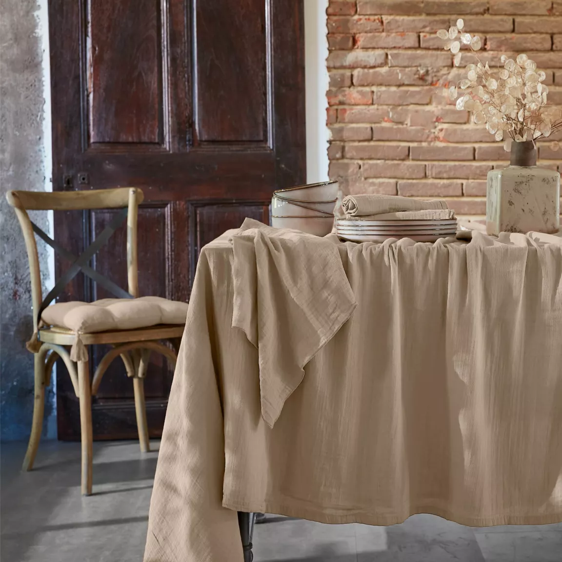 Nappe rectangulaire gaze de coton (150 x 250 cm) Gaïa Ficelle