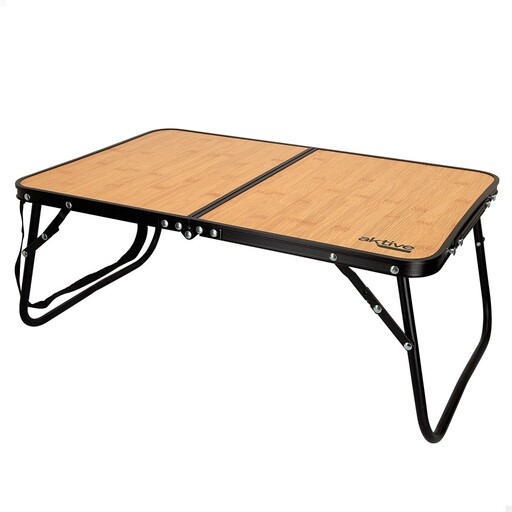Mesa de camping dobrável Aktive com efeito bambu e alças para transporte.