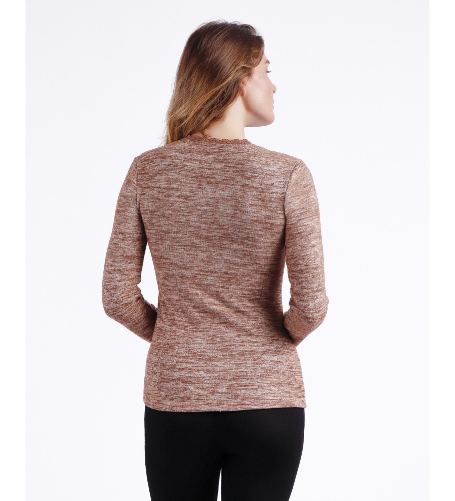 Camiseta Admas Warm de manga comprida com detalhes em renda bege