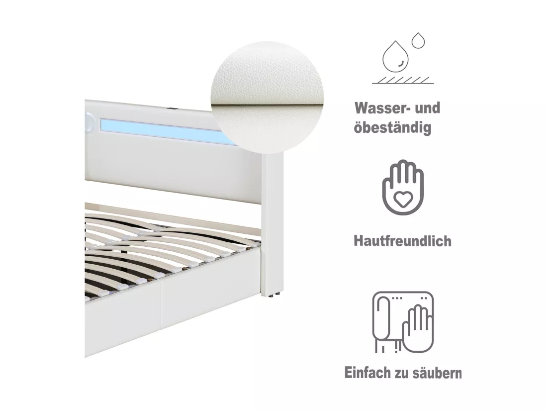 Lit coffre 140x200cm - Lit double avec sommier à lattes, tête de lit LED avec Bluetooth et port USB - en cuir PU Blanc