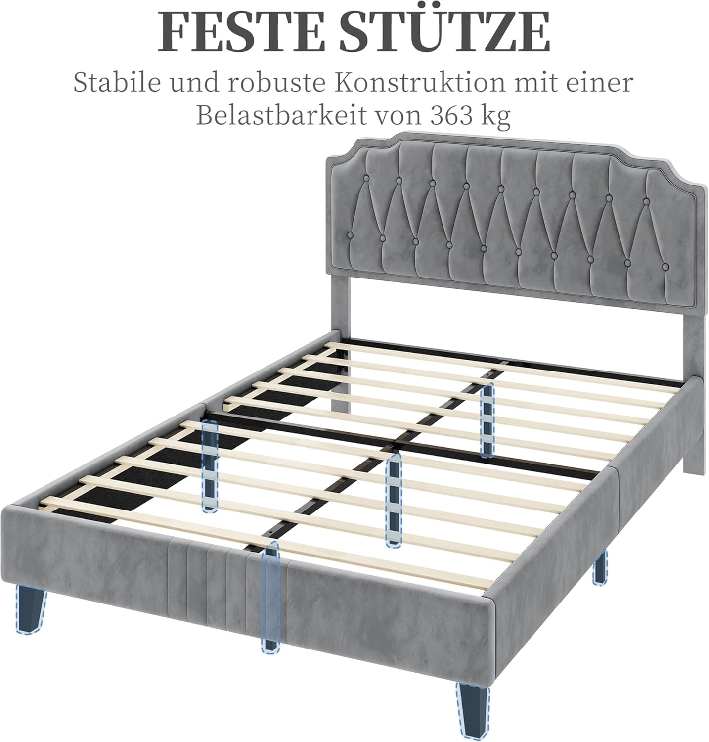 Yaheetech Polsterbett Doppelbett 160 x 200 cm Stoffbett Bettgestell Gepolstertes Bett mit höhenverstellbarem Kopfteil Bettrahmen mit Lattenrost, Hellgrau