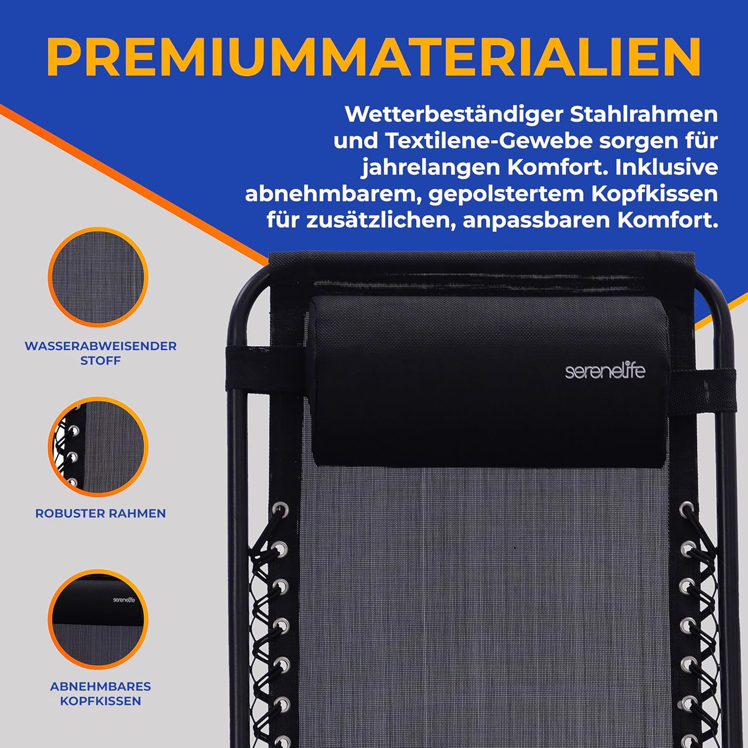 SereneLife Liegestuhl, Gartenliege Klappbar, Strandliege, Sonnenstuhl als Gartenbett mit atmungsaktivem Textil, Verstellbar zum Liegen für Garten & Camping mit Seitentisch, Kopfkissen & Getränkehalter