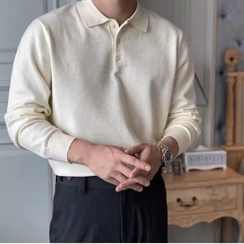 Lefitt - Poloshirt met lange mouwen en open knoopsluiting, effen gebreid