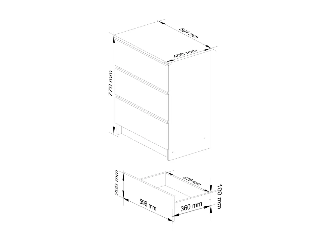 Commode AKORD K60 Chêne Artisan 60 cm 3 tiroirs façade Blanche 60x40x77 cm