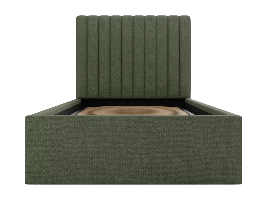 Lit coffre 90 x 190 cm avec tête de lit coutures verticales - Tissu - Kaki - SARAH