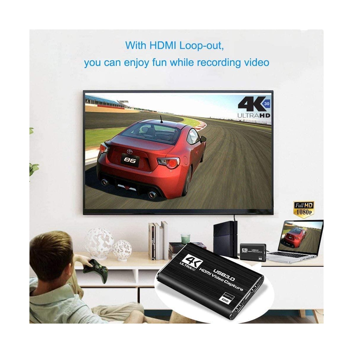NÖRDIC Videoopptaksadapter USB3.0 HDMI-utgang 4K 60Hz HDMI med sløyfemikrofon og lydutgang HDMI-signalsløyfeutgang
