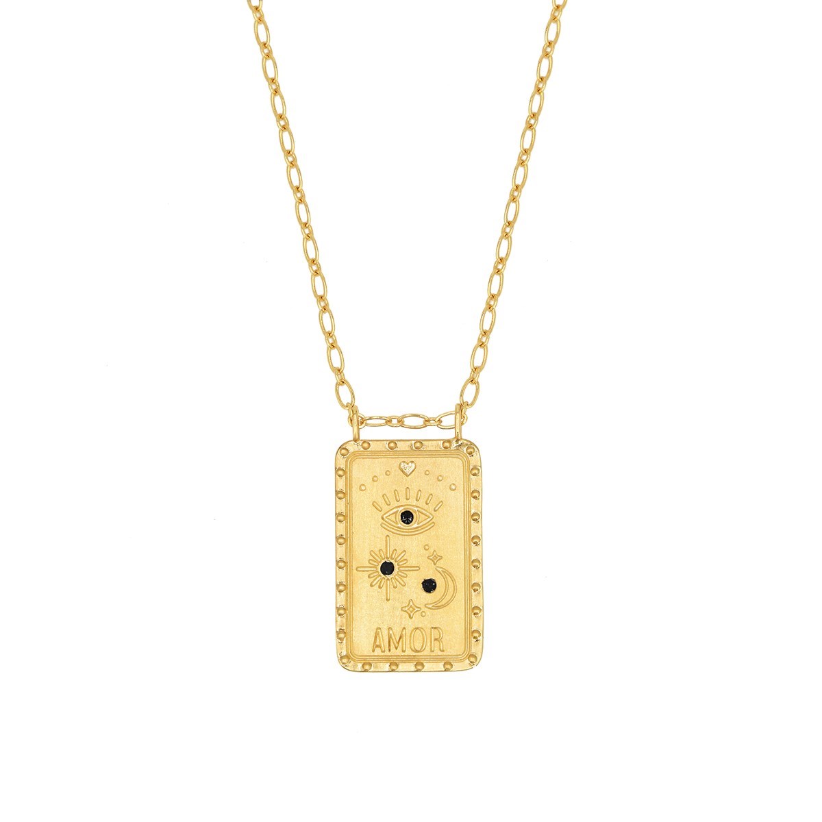 Collier chaine maille classique médaillon plaque zircons noir BUENA VENTURA
