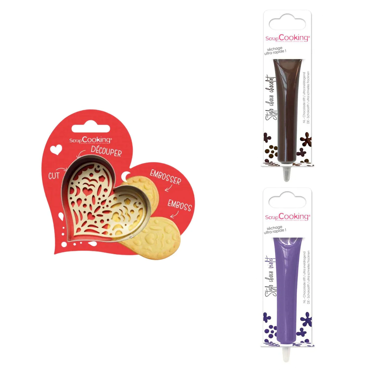Kit pour biscuit en relief Coeur + 2 Stylos au chocolat marron et viol