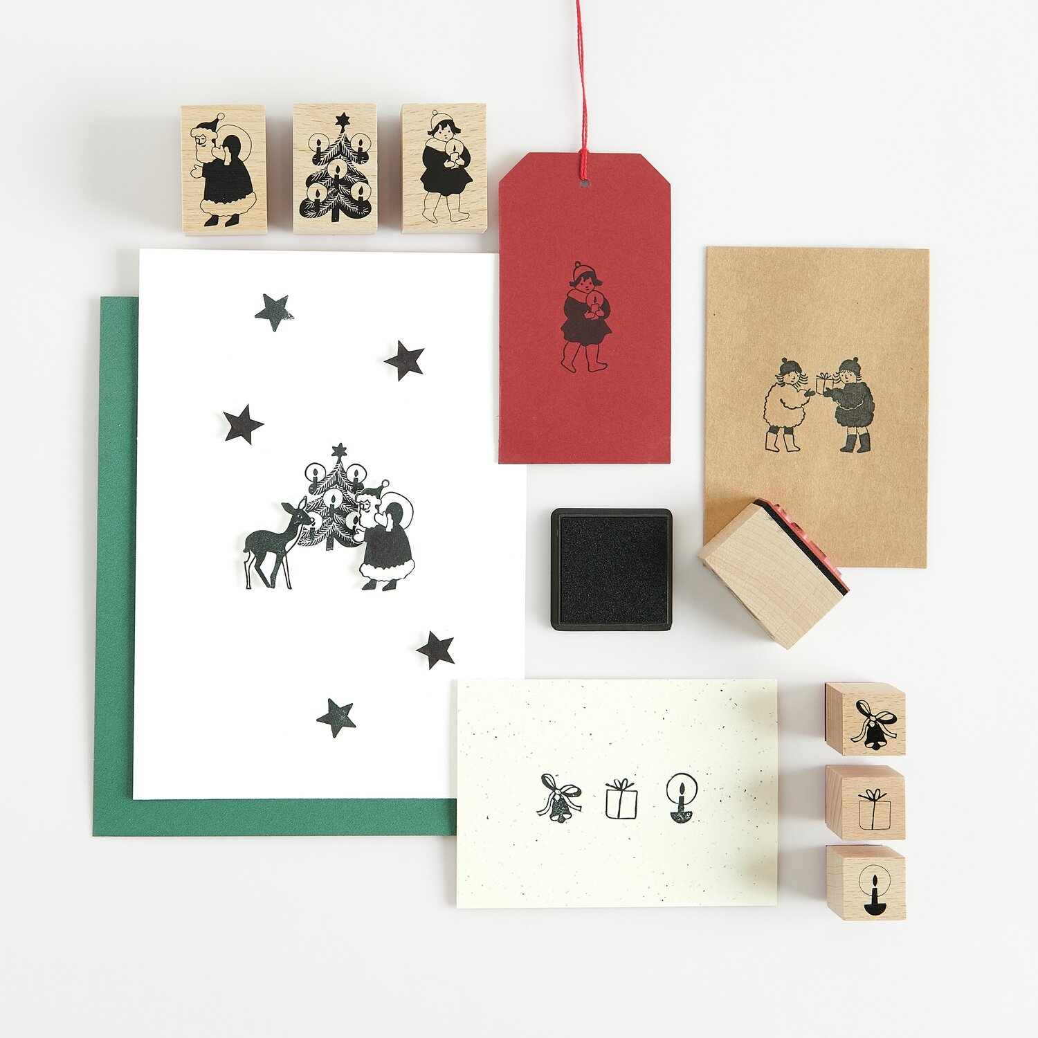 (14-tlg. Set) Weihnachts Holz Stempel Kit DIY Karten / Brief Deko Christmas Stempel inkl. Stempelkissen (302359) - Weihnachtsmarkt