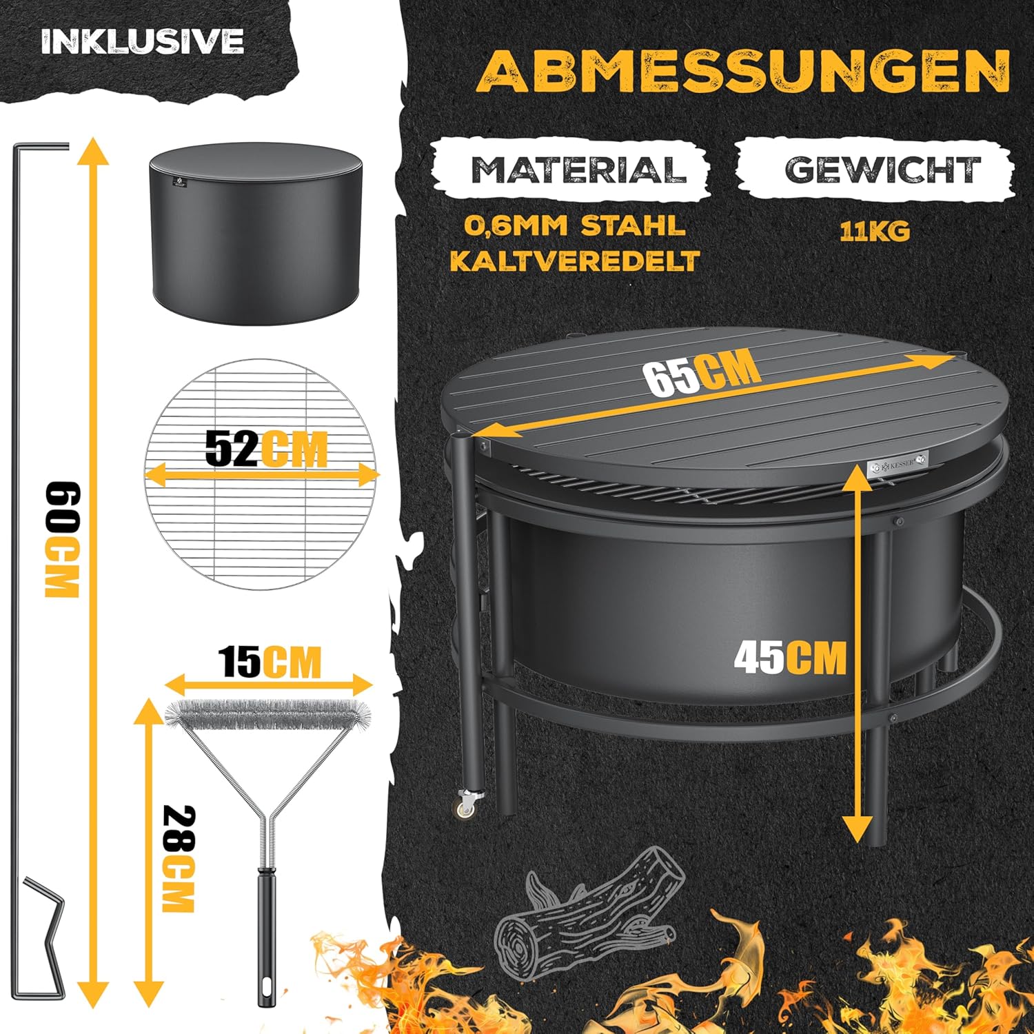 KESSER® Feuerschale mit Grillrost Ø65cm Feuerkorb 0,6mm Kaltveredelter Stahl | Mobile Feuertonne mit Reifen | Holz & Kohle Feuerstelle inkl. 60cm Feuerhaken aus Gusseisen, Ø52cm, Bürste & Cover