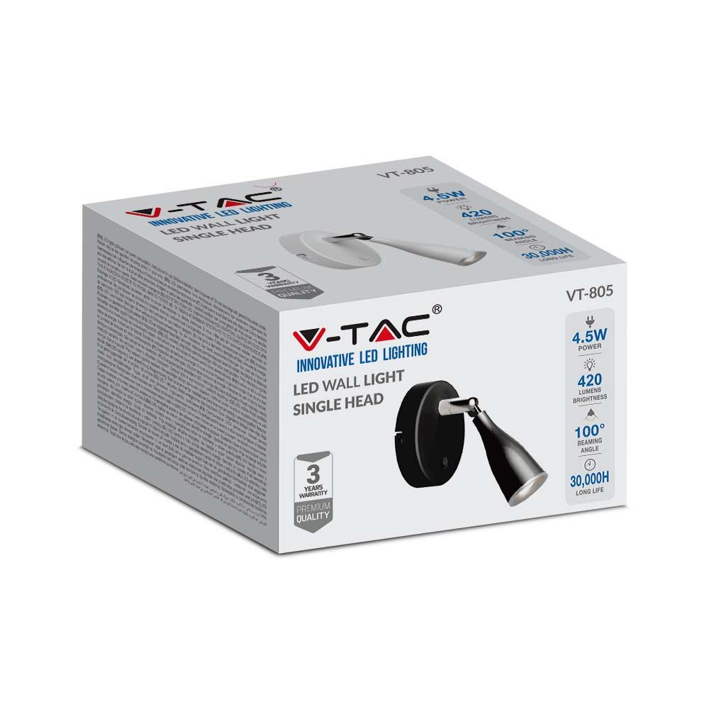 V-TAC VT-806-N - LED wandlampen - Zwart - Schakelaar - IP20 - 4,5W - 420 lumen - 3000K